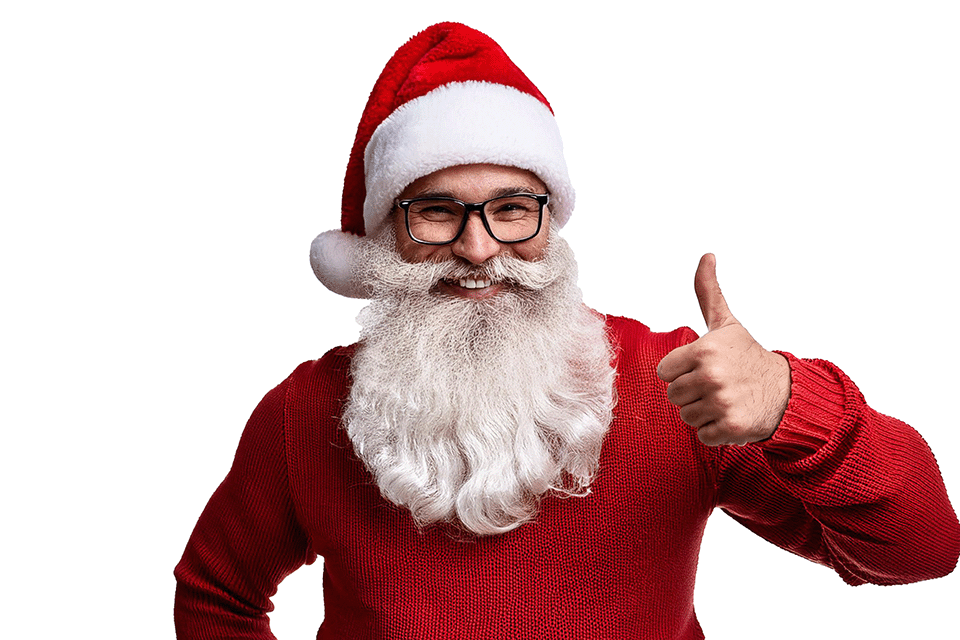 Professioneller Weihnachtsmann in München mit Daumen hoch